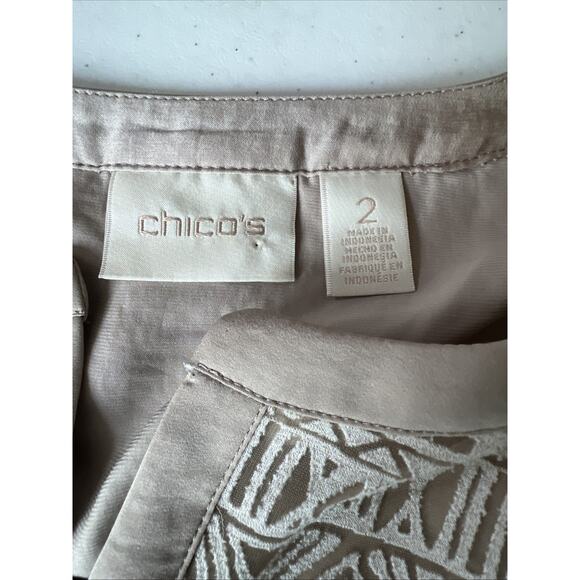 Chico's Large chicos Popover Top Size 2 Beige Geometric Boho Lace embroidered - Picture 5 of 9